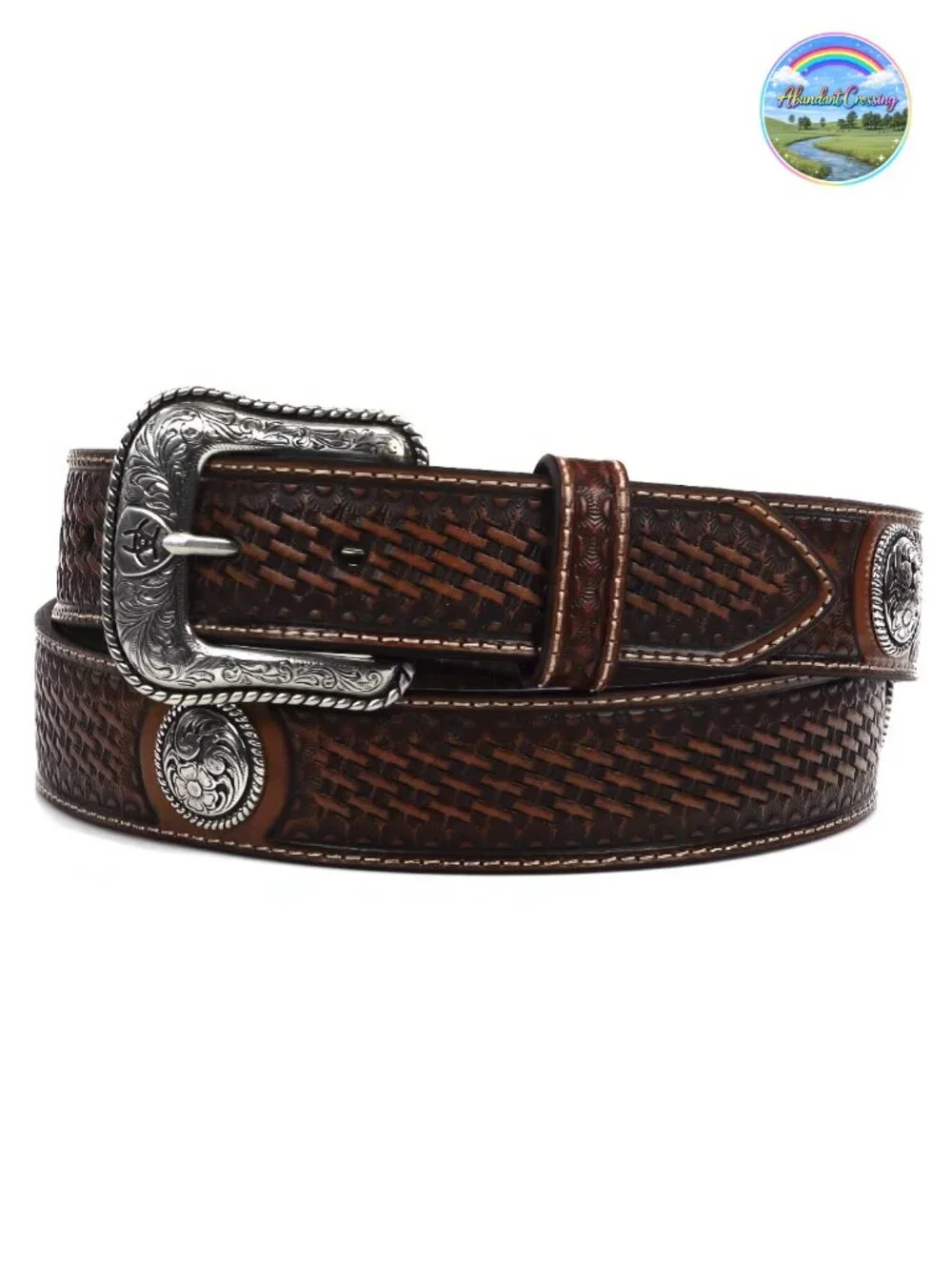 Basketweave Stamped Western Leather Belt with Removable Silver Buckle - Runs